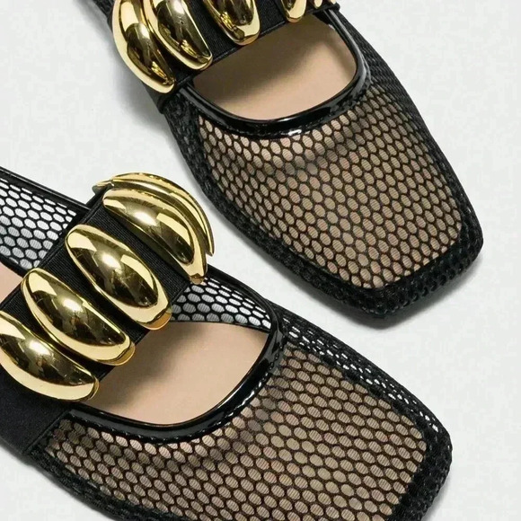 Black Elegant Women's Summer Hollow Breathable Fishnet Loafers - Picture 2 of 6